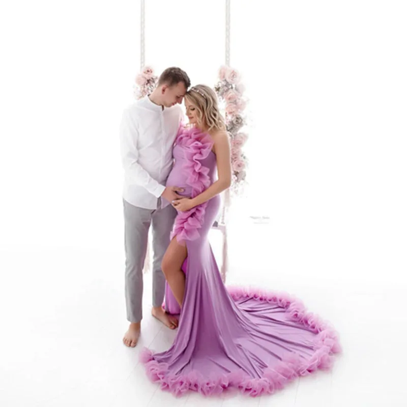 Photoshoot Maternity Gowns Mermaid Lilac Tulle Maternity Dress With Train Ruffle Side Open Sexy Baby Shower Dress Sleeveless