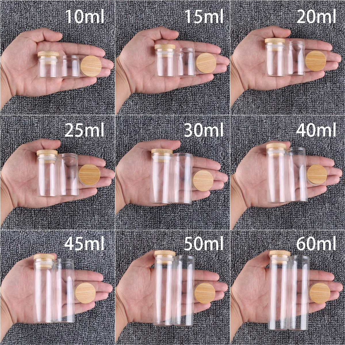 12pcs/lot 10ml 15ml 20ml 25ml 30ml 40ml 45ml 50ml 60ml Glass Empty Bottles With Bamboo Caps Spice Jars Glass Vessels DIY Crafts