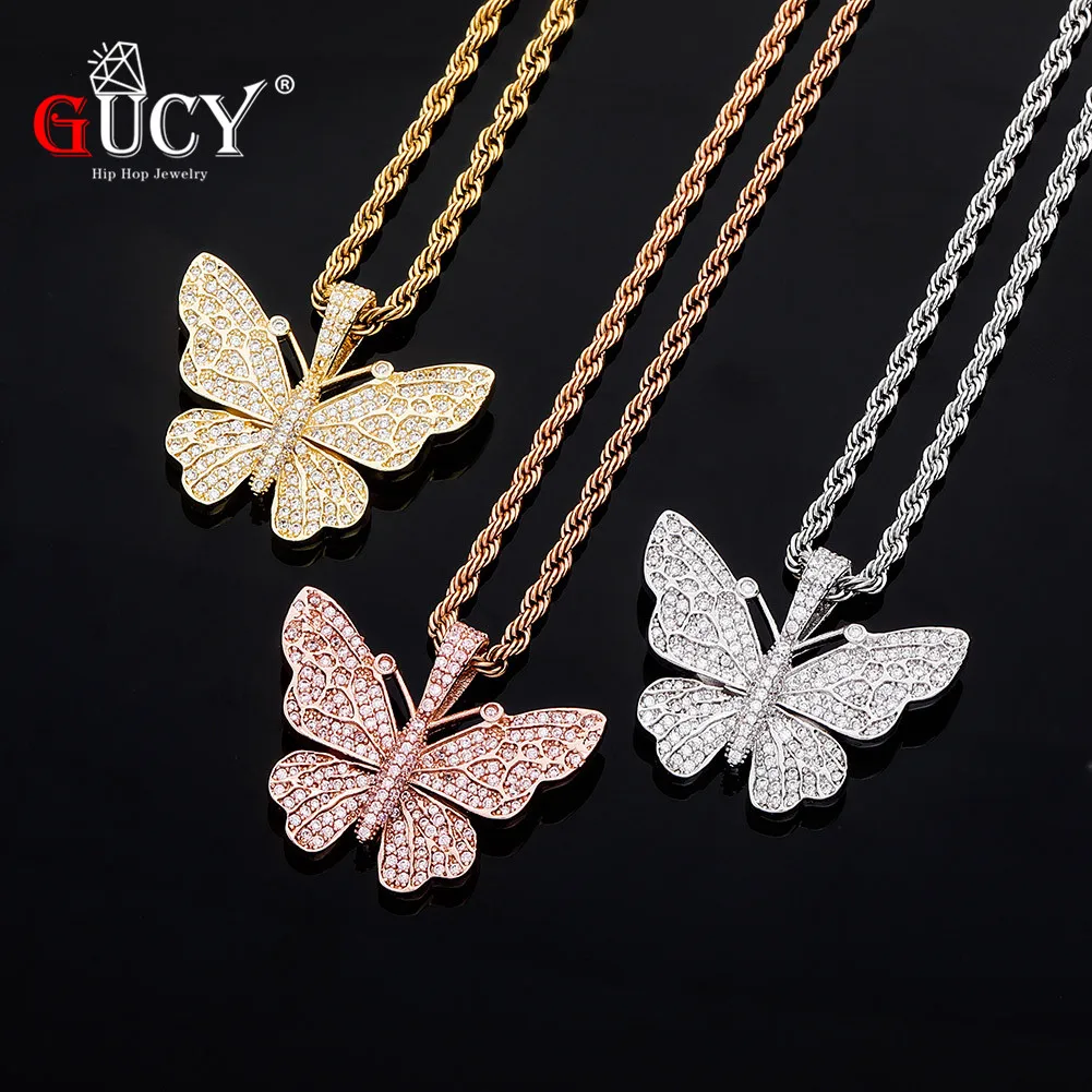 

GUCY Animal Butterfly Pendant Necklace Iced Out Tennis Chain AAA Cubic Zircon Men's Women Hip Hop Rock Jewelry For g