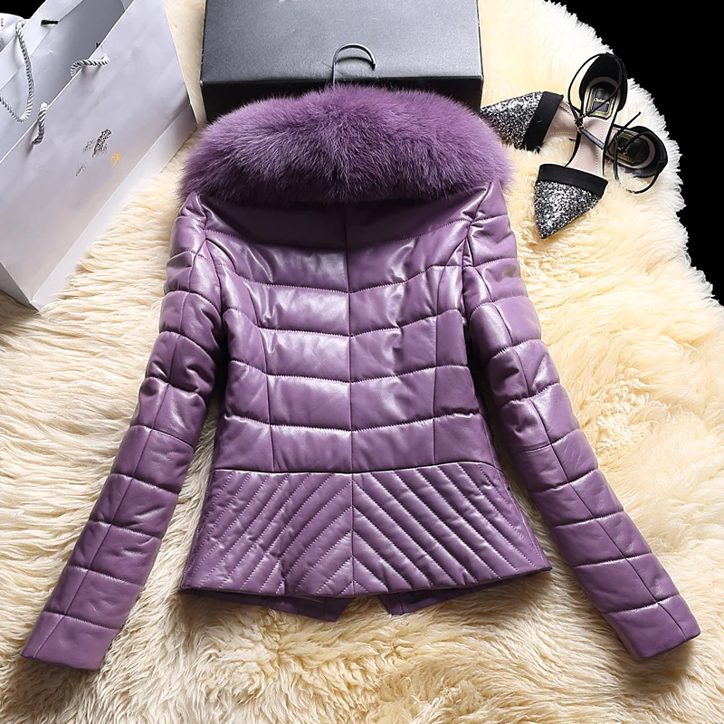 Natural Fox Fur Collar Genuine Leather Jacket Women Winter White Duck Down Jacket Real Sheepskin Coat Female Outwear 523