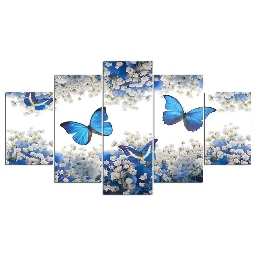 

Blue Butterfly White Flower 5 Panel Canvas Picture Print Wall Art Canvas Painting Wall Decor for Living Room Poster No Framed