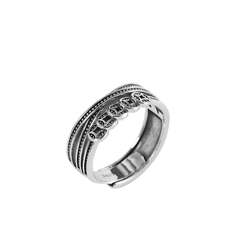 

Real s925 silver made old five emperor money open ring fashion retro women's ring new style