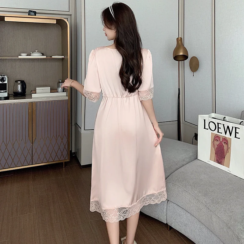 Lisacmvpnel Sexy Nightdress Female Summer Short Sleeve Sweet Girl Lace Hollow Ice Silk Long Design Nightwear