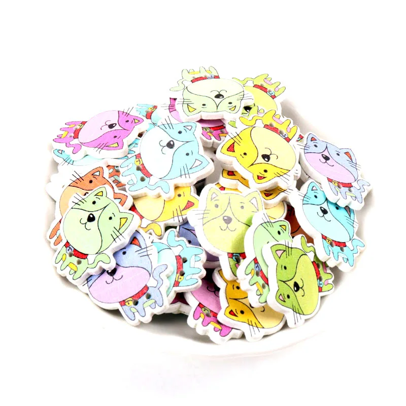30pcs Wholesale Natural Wooden Buttons Colorful Mixed cat Scrapbook Sewing Accessories DIY Craft 24x24mm