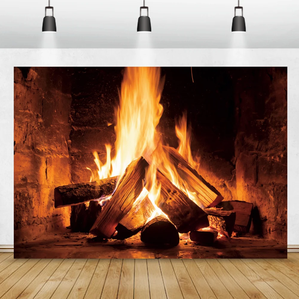 Fire Photo Backdrop Fireplace Burning Firewood Home Decor Poster Christmas Brick Wall Photography Background For Photo Studio