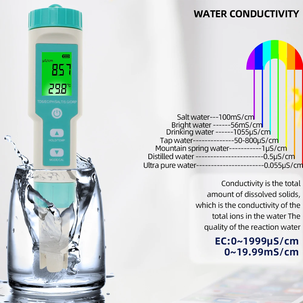 New 7 in 1 Digital Salinity Tester ORP PH TDS EC SG TEMP Meter ORP LCD Monitor Water Quality Detector for Pool Aquarium