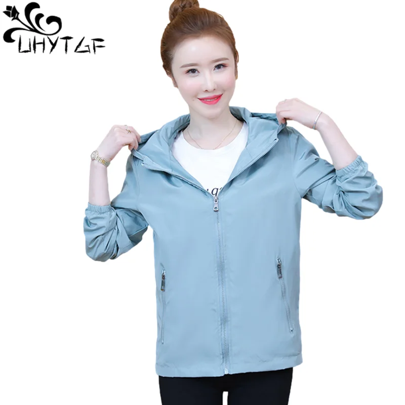 UHYTGF 5XL Oversized Jacket Women Long Sleeves Hooded Casual Spring Autumn Coat Elegant Female Thin Tops Short Outerwear 2045