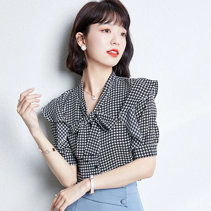 

Summer Fashion Blouses Women Houndstooth Short Sleeve Shirt Loose Bow Chiffon Top Blusas