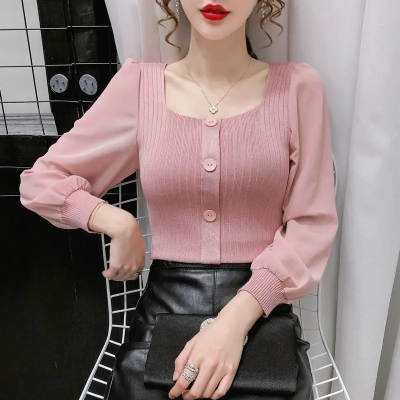 Autumn Square Collar Puff Sleeve Top Women\'s Slim-Fit Long Sleeve Blusas Ropa De Mujer