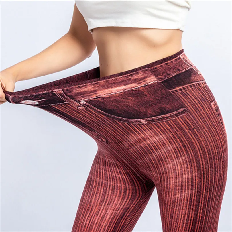 Yrrety calças de treino feminino elástico yoga fitness esportes sem costura leggings falso denim jeans listra cintura alta empurrar para cima calças