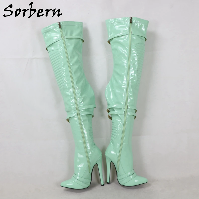 Sorbern Mint Green Women Boots High Heel Stilettos 14Cm Side Zippers Pleated Thigh High Boots Custom Slim Fit Or Wide Fit Legs