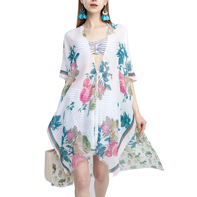 Womens Open Front Printed Loose Style Kimonos Casual Bikini Set Swimwear Cover Up Beach Casual Dress Long Cardigan Swimsuits