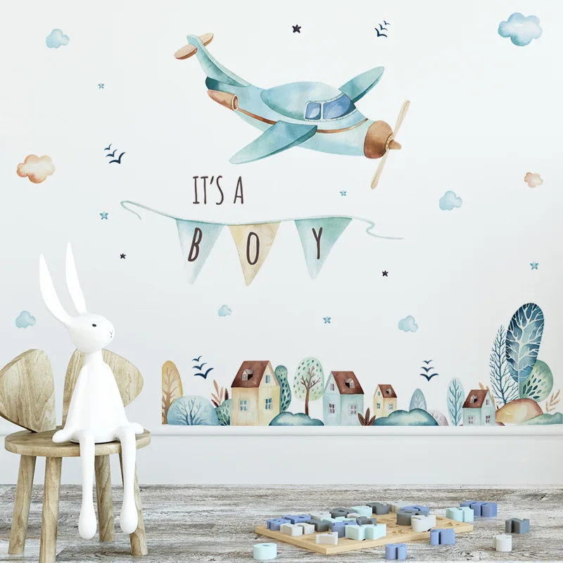 Cartoon Airplane Wall Stickers for Boy Kids rooms Small Town PVC Wall Decals Kindergarten Wall Decor DIY Art Murals Home Decor