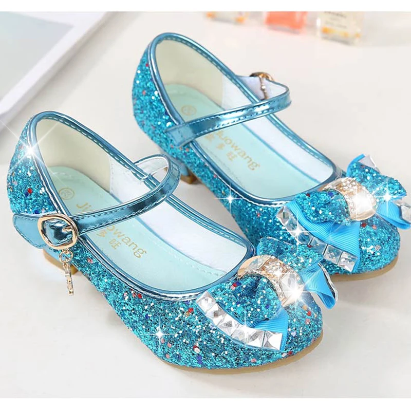 Princess Kids Leather Shoes for Girls Flower Casual Glitter Children High Heel 2020 Girls Shoes Butterfly Knot Blue Pink Silver