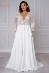 Plus Size Wedding Dresses Lace Satin Long Sleeves Bride Gowns V Neck with Pockets White-nude Plunge Bridal Dresses