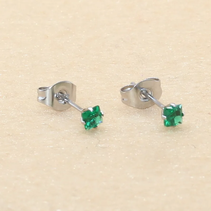 Stainless Steel With 3mm Square Colors Red Green Blue AAA Zircons Stud Earrings No Fade Allergy Free