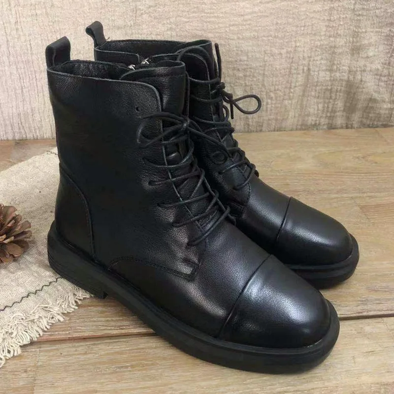 Careaymade-British Plush warm casual tie round head splicing handsome locomotive boots thick heel side zipper short boots