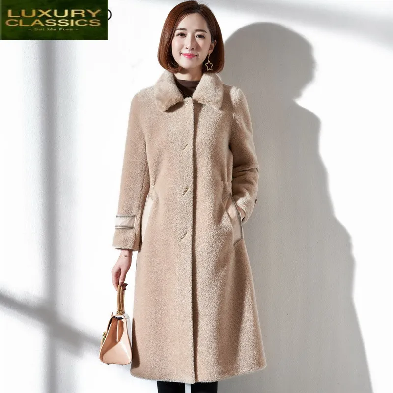 Sheep Shearing Fur Real Coat Female Parka Natural Wool Jackets Women Mink Fur Collar Overcoat Spring Clothes 2021 LWL1384