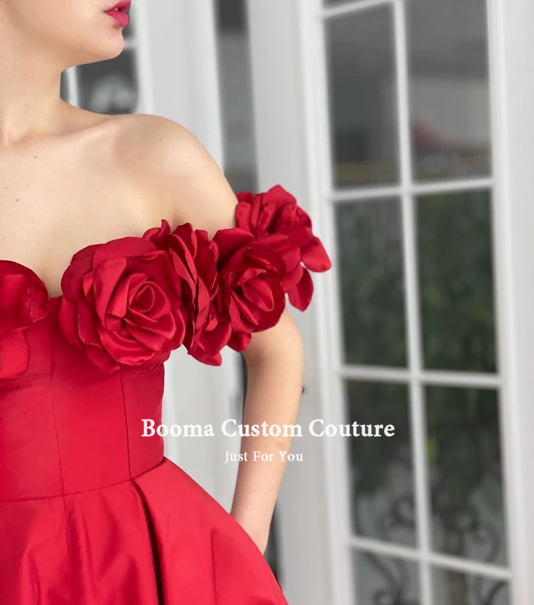 Booma Red Taffeta Prom Dresses Off Shoulder Handgemaakte Bloemen Slit A-lijn Avondjurken Dichtgeknoopt Lange Formele Party Jurken