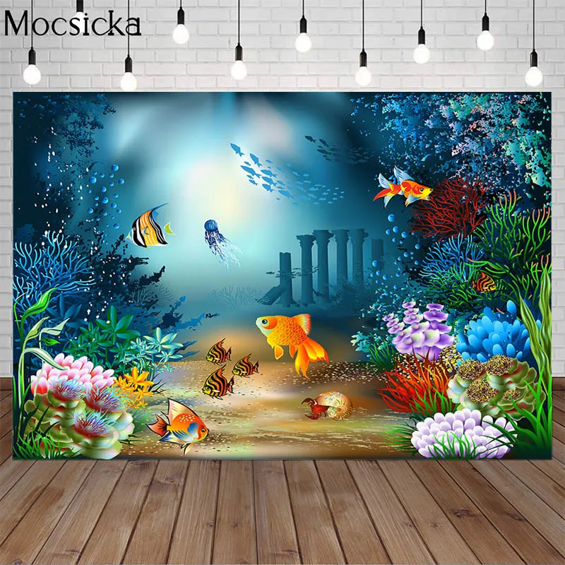 

Mocsicka Underwater World Fish Coral Photography Backdrops Printed Children Birthday Aquarium World Photo Studio Backgrounds