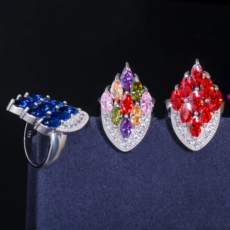 CWWZircons Artistic Vintage Cubic Zircon Jewelry Colorful CZ Crystal Big Drop Ring Pendant Necklace Earring Set for Women T0009