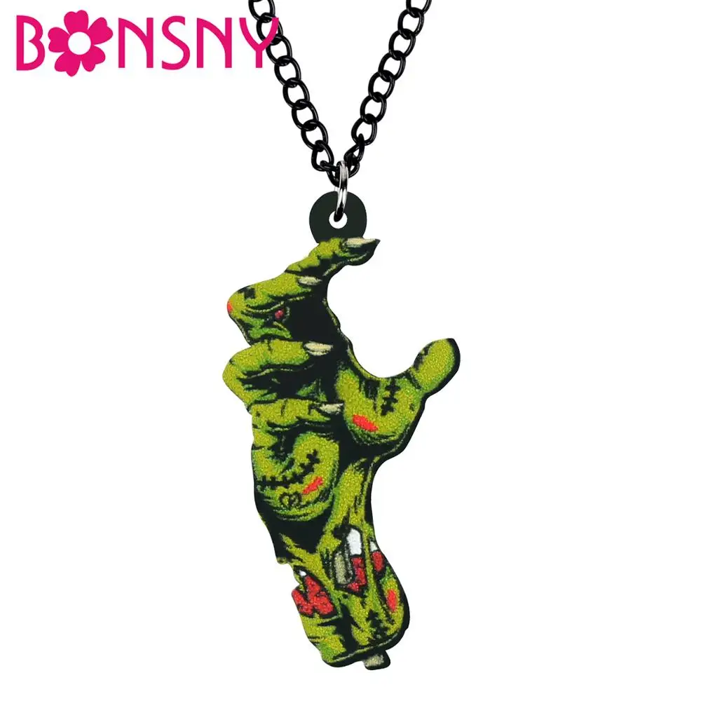 Bonsny Acrylic Halloween Horror Anime Green Zombie Hand Necklace Choker Pendant Chain Jewelry For Women Ladies Teens Charms Gift