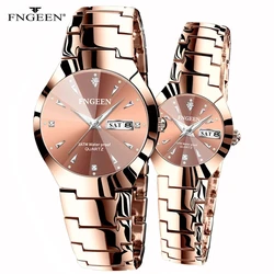 Par de relojes para amantes, reloj de pulsera de cuarzo, reloj de negocios para hombres y mujeres, relojes de acero de tungsteno, café, oro, par de horas