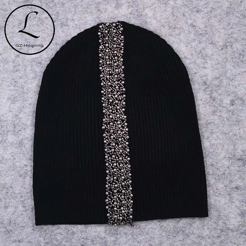 

GZHilovingL New Spring Cotton Stretch Stripped Beanies Hats For Women Soft Wool Pearl Beads Strap Knitting Skullies Hat and Caps