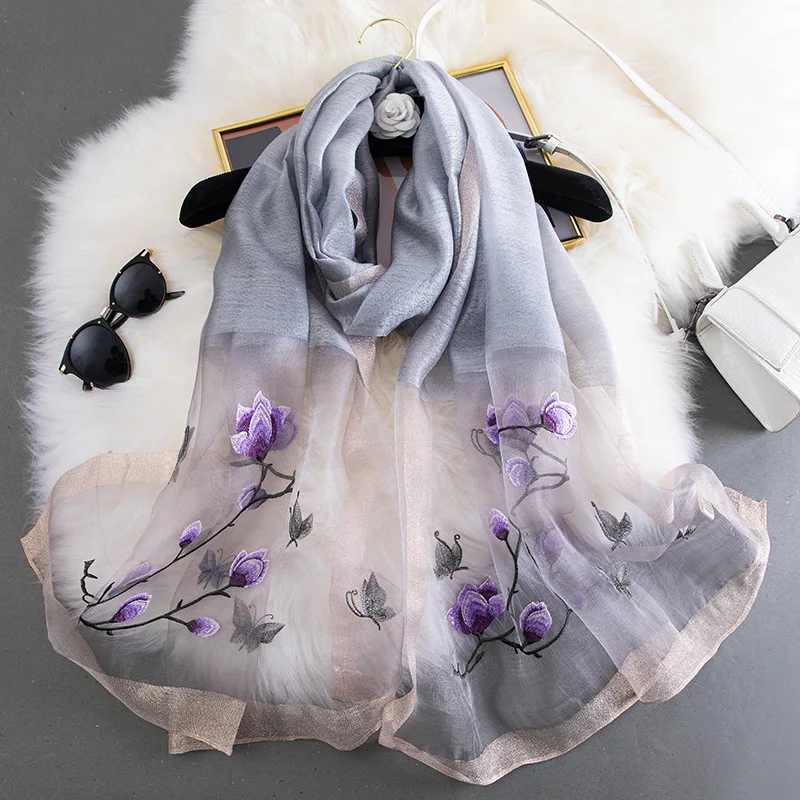 

2024 Women Silk Wool Scarf Hijab Foulard Pashmina Beach Stoles Bandana Embroider Lady Long Shawls and Wraps Headband butterfly