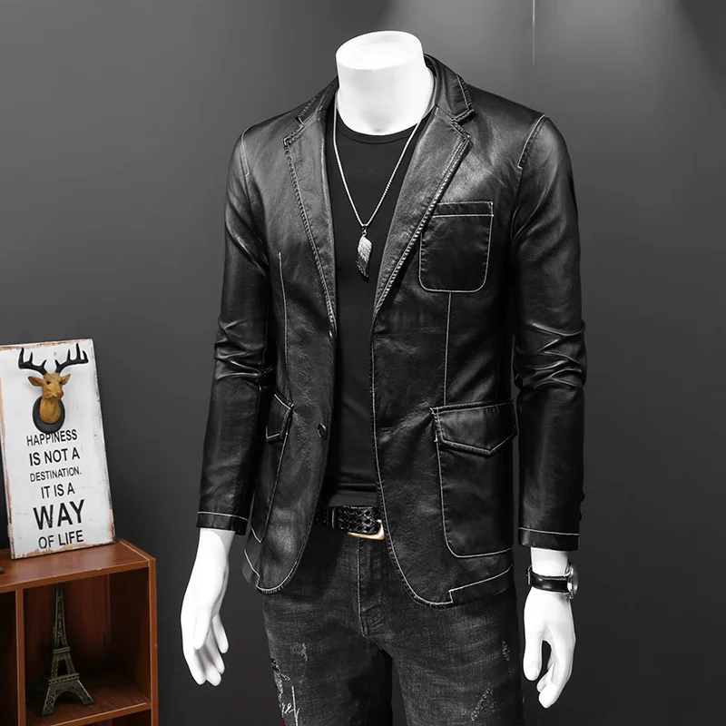 Fake Glossy Leather Mens Blazers Lapel Single-Breasted Multi-Pockets Slim Fit Jacket Spring Autumn Korean Style Male Outerwear