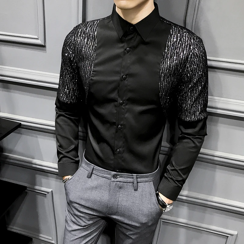 Club Casual Night Prom Tuxedo 4XL High Quality Korean Male Shirt Long Sleeve 2020 Spring New Patchwork Men Dress Shirts Slim Fit