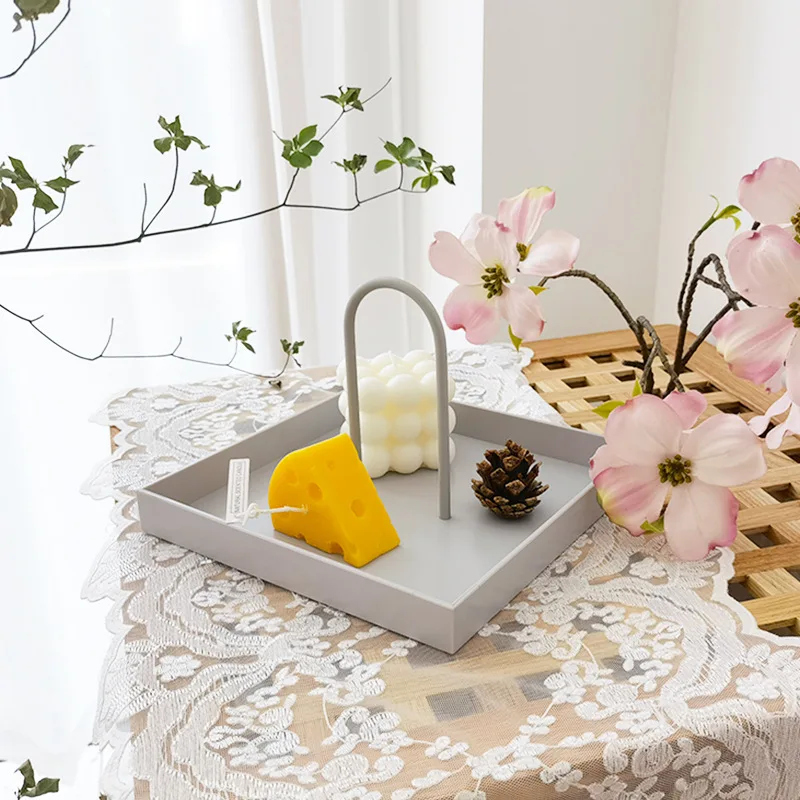 1Pc Creative Square PU Serving Tray Decorative Dish Cosmetics Sundries Desktop Storage Plate with Handle