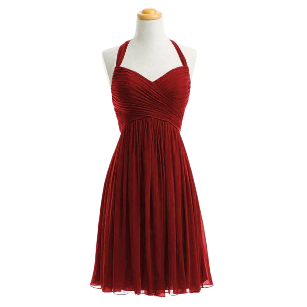 A Line Chiffon Knee Length Sweetheart Halter Bridesmaid Dresses Wedding Party Prom Birthday Evening Cocktail Zipper Back