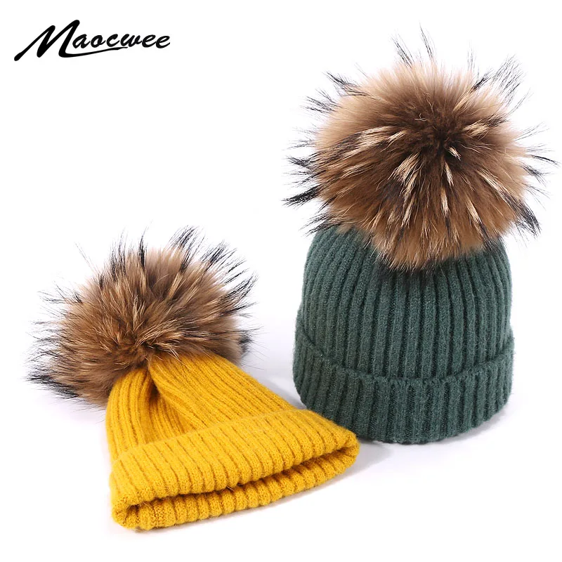 Winter Pompom Hat for Kids Ages 1-7 Knit Beanie Winter Baby Hat for Children Real Natural Fur Pom Pom Hats for Girls and Boys