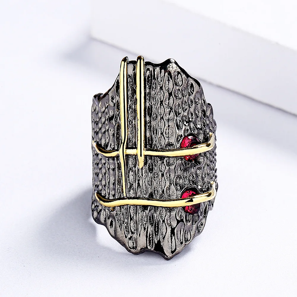 Geometric vintage red zircon interwoven black gold ring 925 silver exquisite vintage ring ladies party cocktail party jewelry