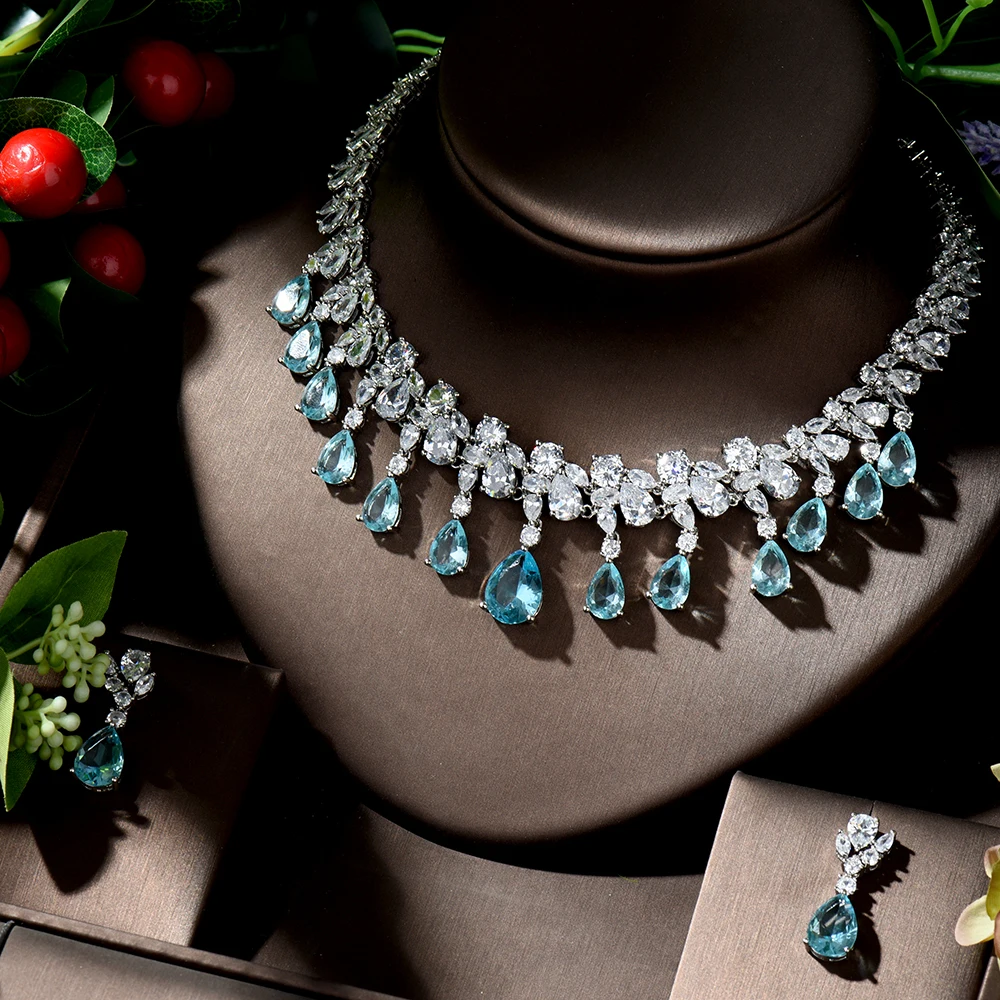 HIBRIDE Charming White Blue Water Drop Dubai Jewelry Sets Wedding Necklace Earrings Sets for Women Bijoux Bijoux Marriage N-1294