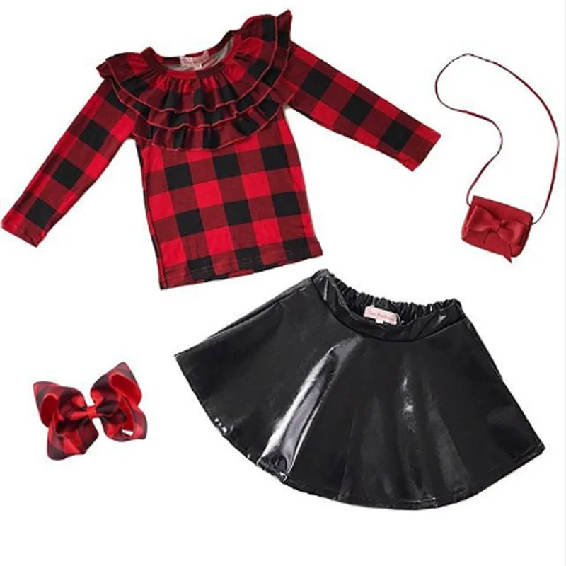 Babygirl Dress Round Neck Long Sleeve Black Leather Skirt Suit Children Fall Winter Children's Wear Girls Clothes 3Pcs/Set