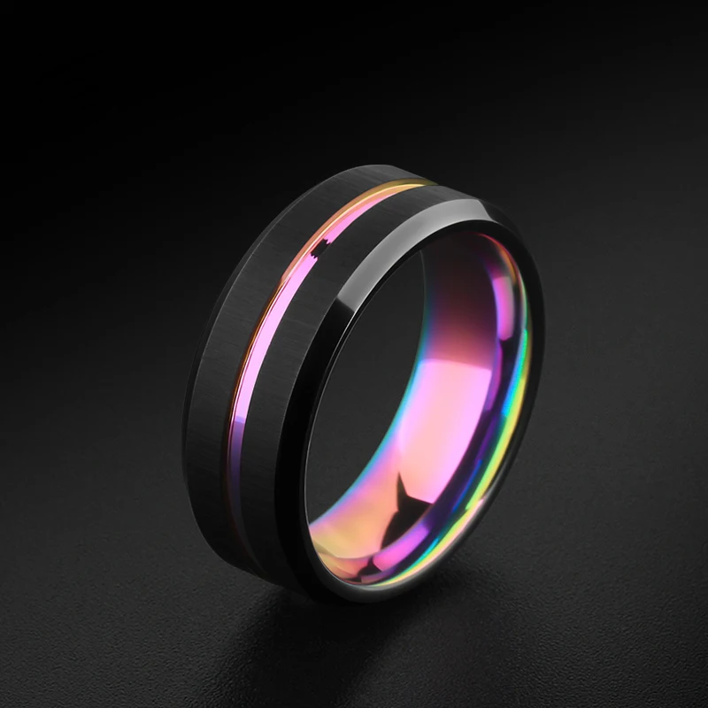 Tungsten Rings, 8mm Rainbow Black Brushed Wedding Band Triton Gorgeous Center Grooved, Free Shipping Size 6-14