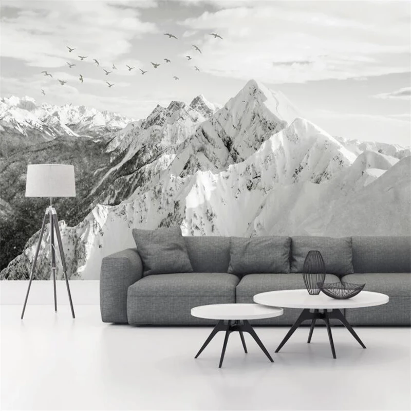 Papier peint mural 3D personnalisé, noir et blanc, montagne enneigée, paysage de montagne, fresque, salon, décoration d\'intérieur, autocollants