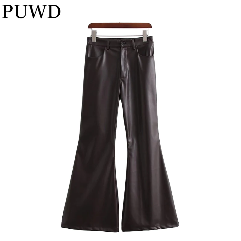 PUWD Retro Women Faux Leather Flare Pants 2021 Autumn Winter Solid Loose Casual Streetwear Trousers Fashion Female Chic Bottoms