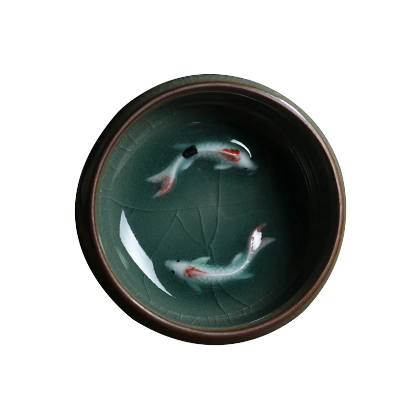 Chinese Longquan Celadon Porcelain China Tea cup And Saucer Tea Bowl With Golden Fish 60ml Celadon Crackle Tea cup