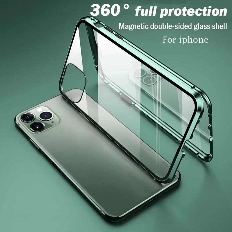 

360 Magnetic Adsorption Metal Case For iPhone 13 12 11 14 15Pro XS Max XR Double-Sided Glass Case For iPhone 7 8 SE 2020 Cover