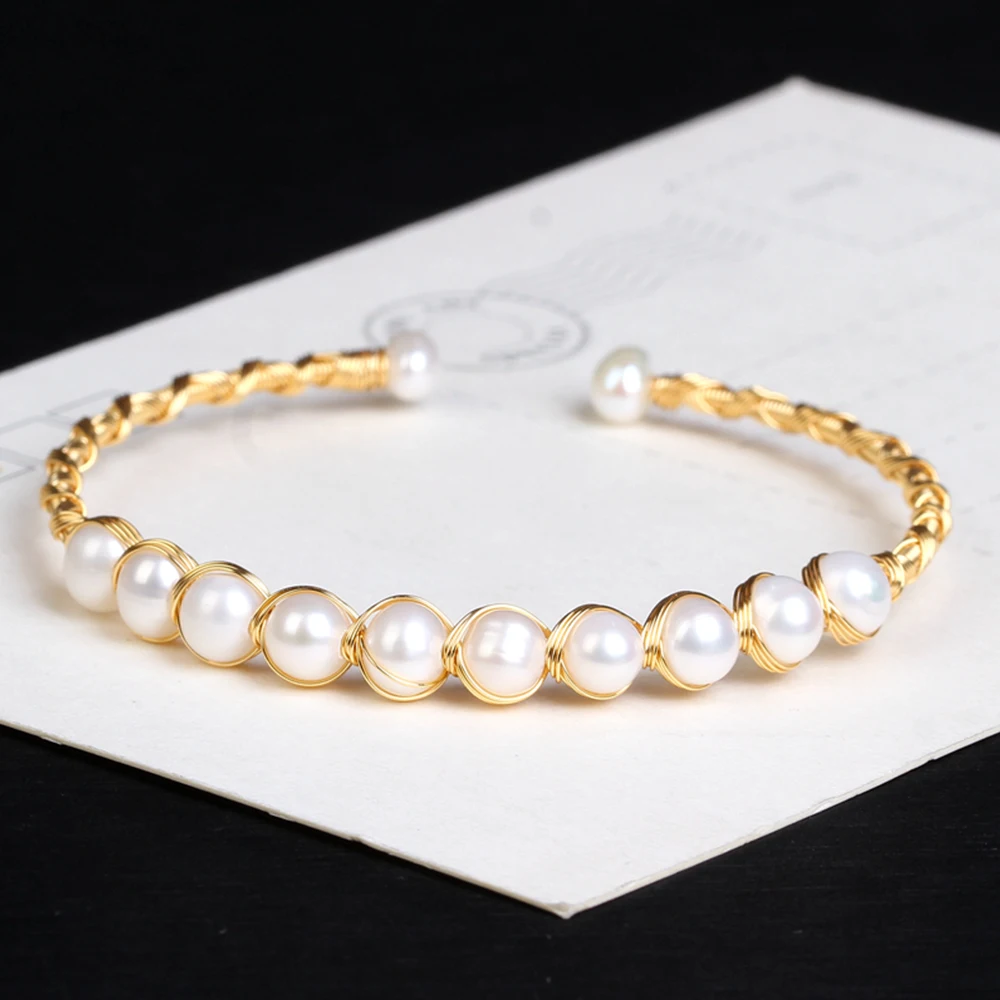 Freshwater Pearl Cuff Bracelets Bangles Jewelry for Women Luxury Pink Pearl Beads Handmade Braided Alloy Wire Bracelet Dropship