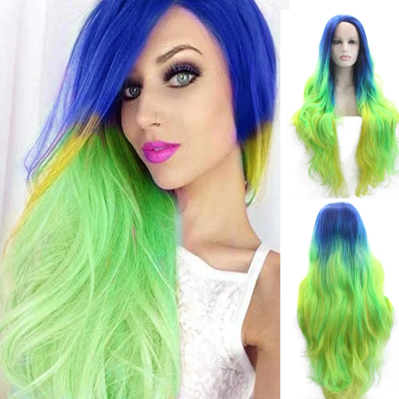 Blue Synthetic Lace Front Wig or Women Green Ombre Long Straight Hair Wigs Natural Hairline Heat Resistant Fiber Cosplay Daily