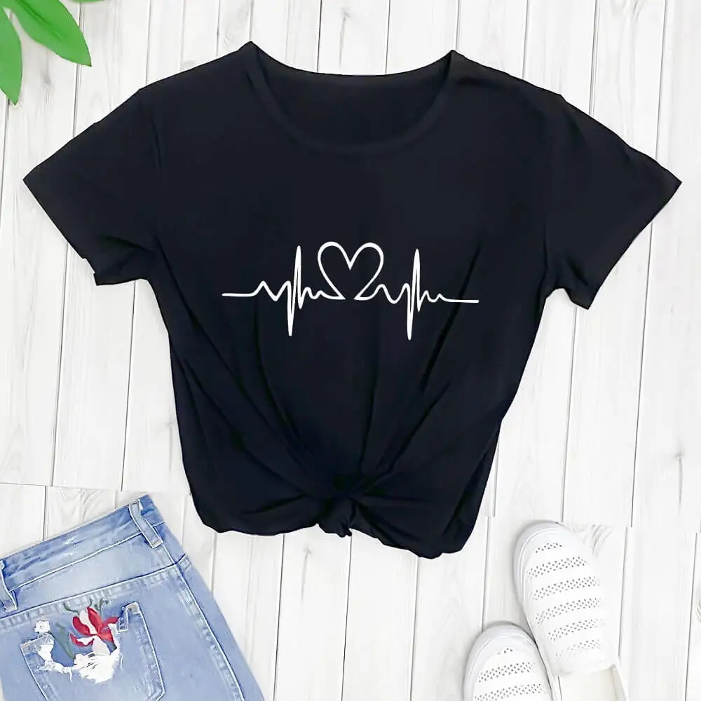 HeartBeat with heart shirt New Arrival Summer Women Casual 100%Cotton Funny T Shirt Love Shirt Love Gift Love in the line