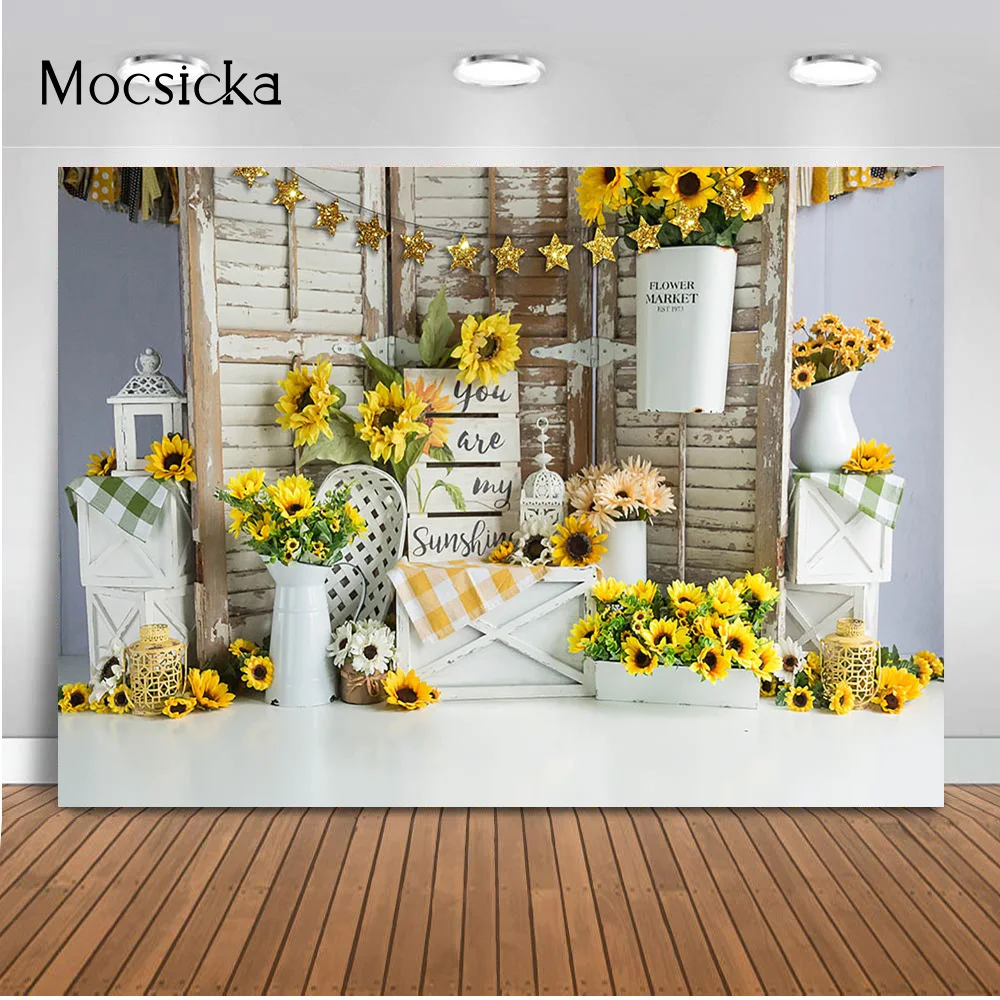 Newborn Sunflower Theme Birthday Portrait Backdrop Flower Market Baby Children Cake Smash Dessert Banner Garden Photo Booth Prop