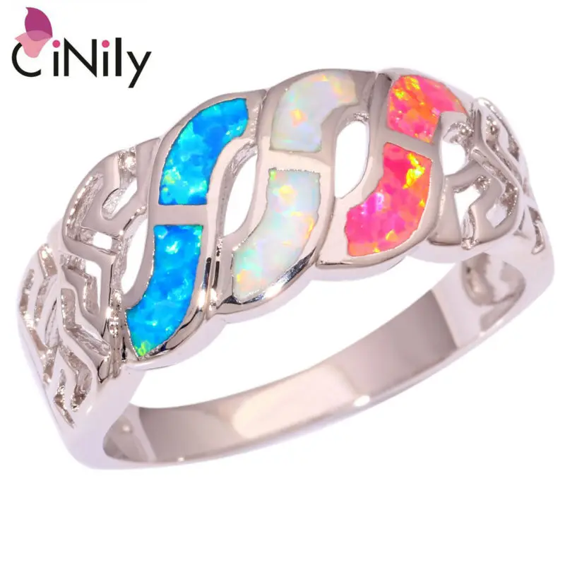 CiNily Created Blue White Pink Fire Opal Hollow Rings Silver Plated Ring Retail Fashion Jewelry for Women Wedding Ring Size 5-11