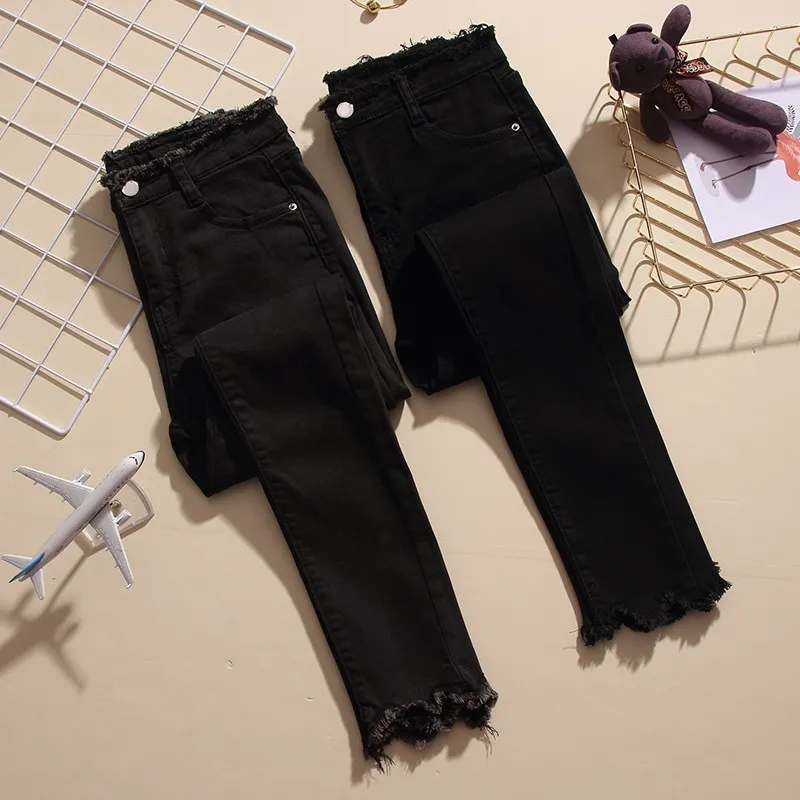 2024 Spring New 5XL Stretch Women's Jeans Streetwear Black Sexy Slim Tassel Skinny Pencil Pants Casual Female Denim Trousers