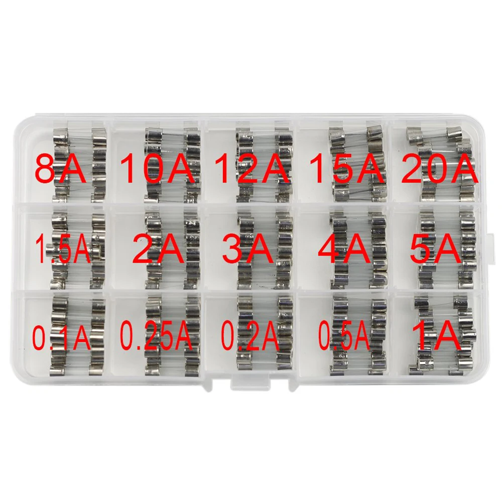 150 pieces of fast blown glass fuse combination kit 5x20mm 250V 0.1 0.25 0.5 1 1.5 2 3 4 5 8 10 12 15 20A Tube fuse with plastic