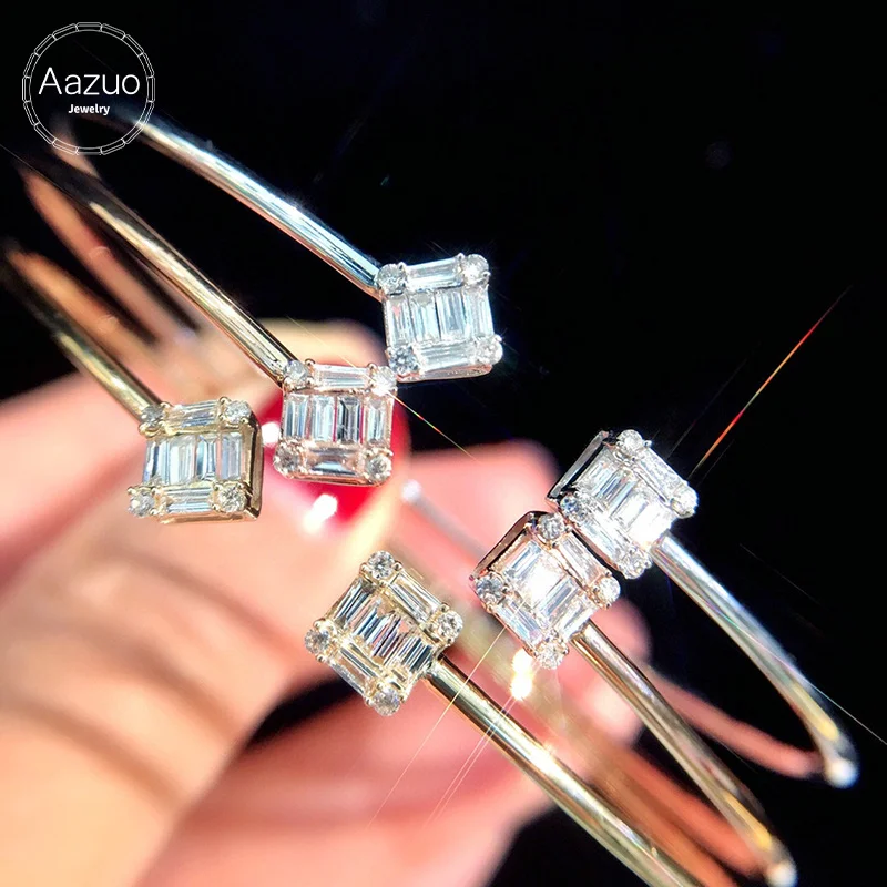 Aazuo Real 18K White Gold Rose Gold Yellow Gold Real Diamonds Square CUFF Bangle For Woman Upscale Trendy  Engagement Party